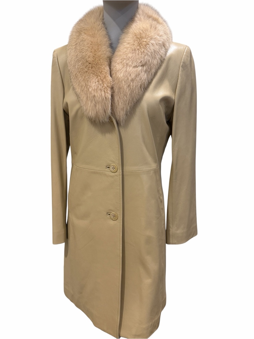 Vintage Pierre Balmain Leather Trench Coat with Genuine Fox Fur Collar-Beige/Tan